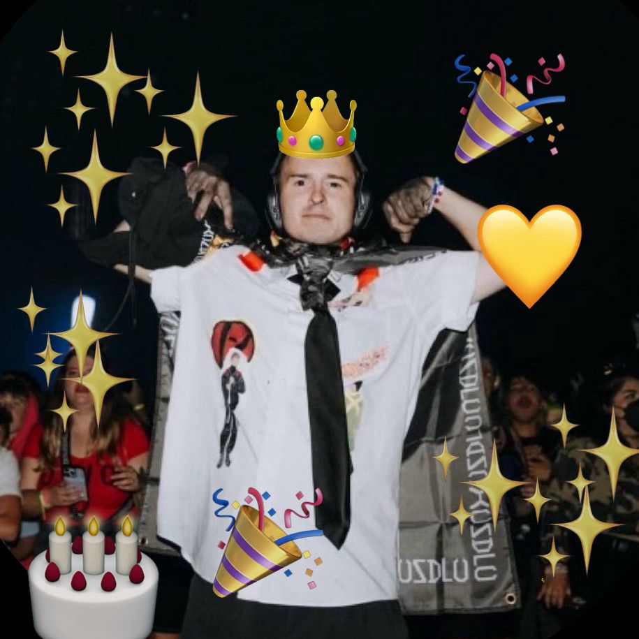 Dayblue’s pfp, with sparkles and a birthday cake and yellow heart and celebratory emojis added. And a crown!