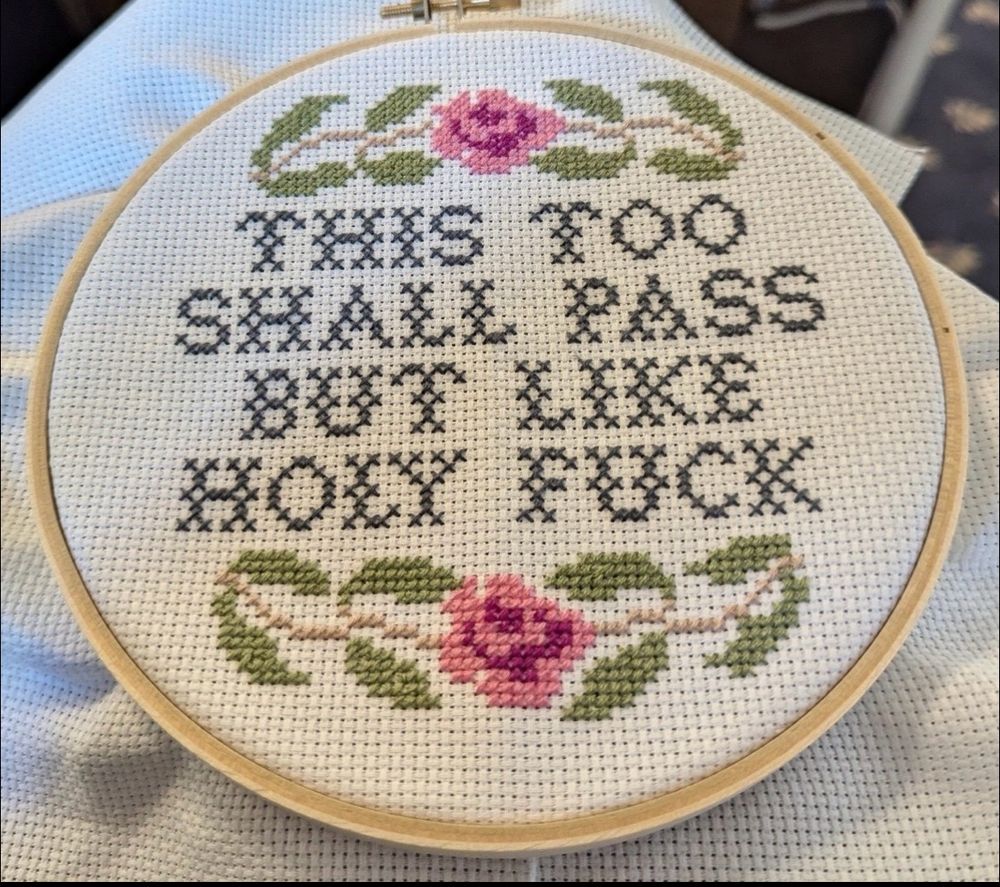 A cross stitch, still on the hoop. White background with pink flower and green leaves at top and bottom with the words

“This too 
shall pass
But like
Holy fuck”
