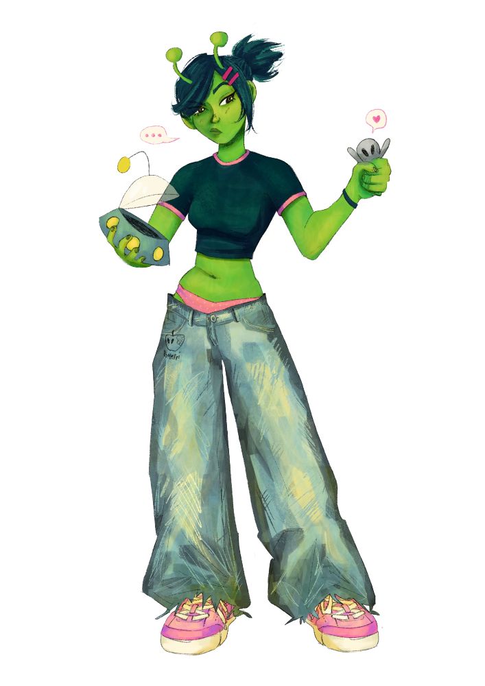 The same drawing of the alien girl, but with blue jeans and pink shoes on.