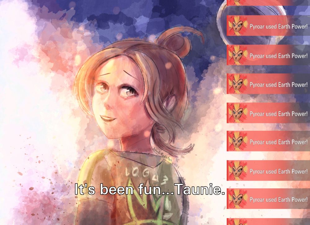 Picture of Harmony from Pokemon Legends ZA exploding while saying "It's been fun...Taunie" referencing a scene from Xenoblade Chronicles 3