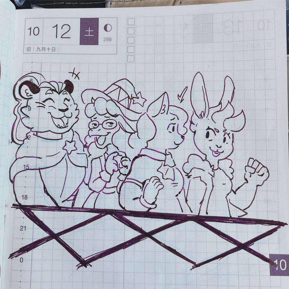 A pen drawing of Jodie, Claire, Melody, and Allison walking across a bridge together. Jodie is laughing at something Claire is saying while tapping her fingers together and looking off to the side. Melody is looking at Allison who’s saying something while holding up a fist, they are also holding hands.