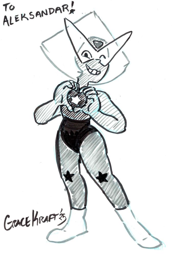 A pen sketch of a winking Peridot posing her hands into a heart shape, perfectly framing the star on her chest