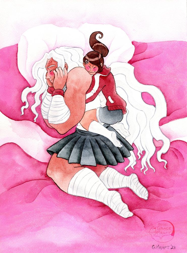 A watercolor painting of a smiling a blushing Aoi clinging happily to Sakura’s back as the “big spoon” while they lie in bed. Sakura has her hands on her cheeks as she blushes and smiles.