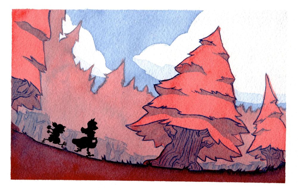 Panel 4: Tiny silhouettes of Kia and Kalla traipse along toward a massive pine tree among many other red pine trees, a cloudy sky above them.