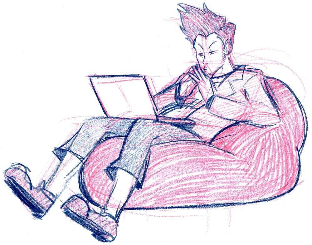 a colored pencil sketch of Larry sitting in a beanbag chair holding his fingertips together in front of his face as he squints thoughtfully at the laptop balanced on his lap