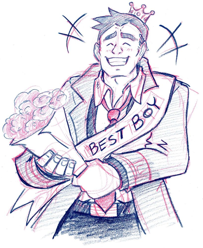 a colored pencil sketch of Dick Gumshoe grinning widely while holding flowers and wearing a crown as well as a sash that reads, "Best Boy"