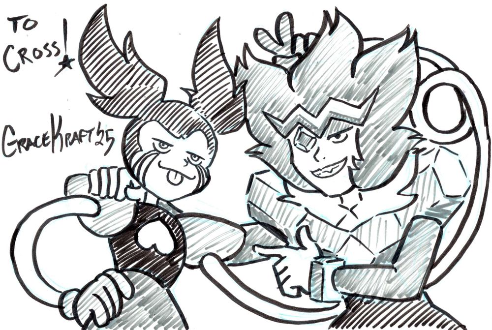 a pen sketch of Spinel and Emerald. Emerald has a hand on Spinel's shoulder while pointing to her with her other hand while Spinel uses on of her stretchy arms to stick her hand behind Emerald's head to give her bunny ears.