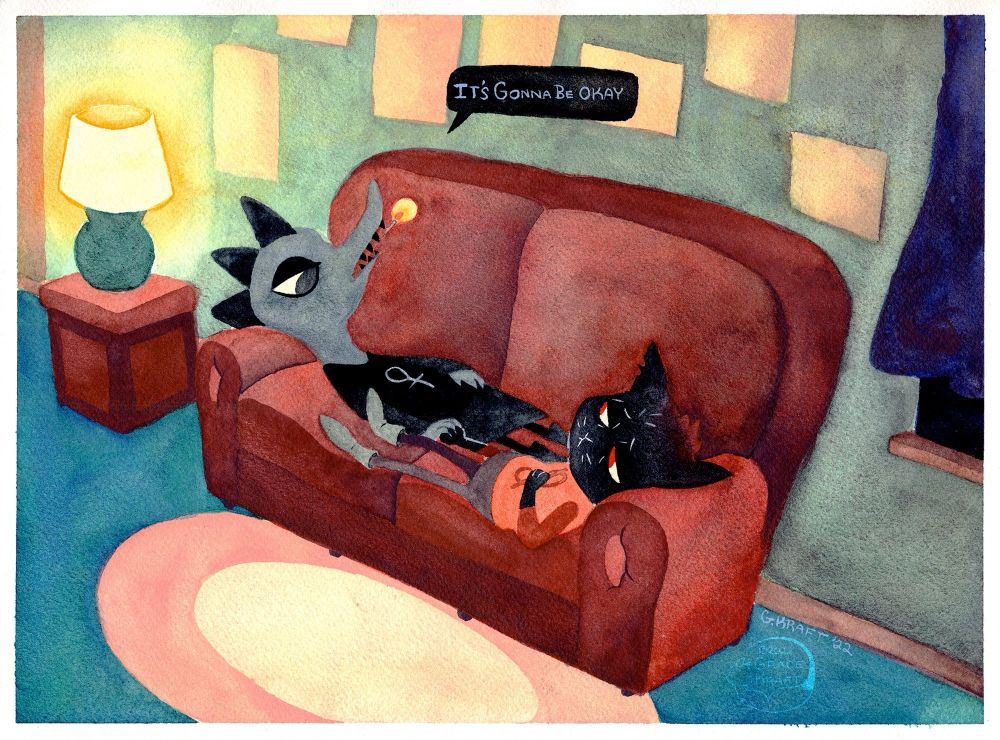 A watercolor painting of Mae and Bea laying down on the couch in opposite directions. Bea has a reassuring claw on Mae’s paw as they look at each other, Bea saying “It’s gonna be okay”