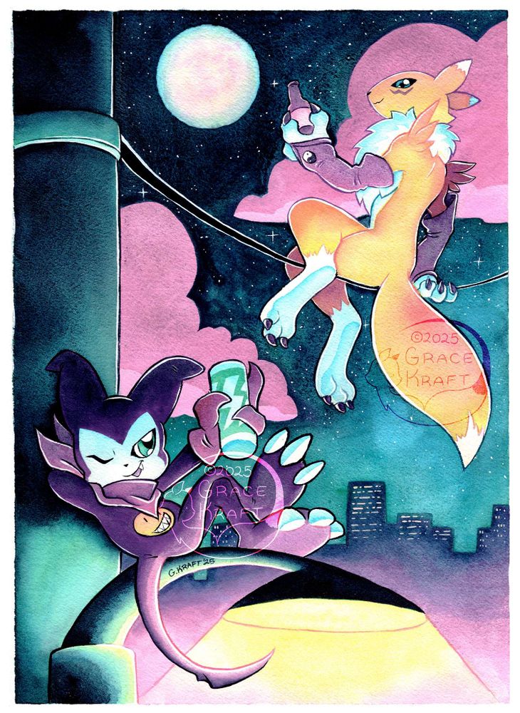 a watercolor painting of Renamon and Impmon lounging around with a drink each with a nighttime cityscap behind them. Impmon is in the foreground sitting on a streetlight while Renamon is in the background sitting on a phone wire. There is a bright, full moon behind them, a starry sky, and pink clouds.