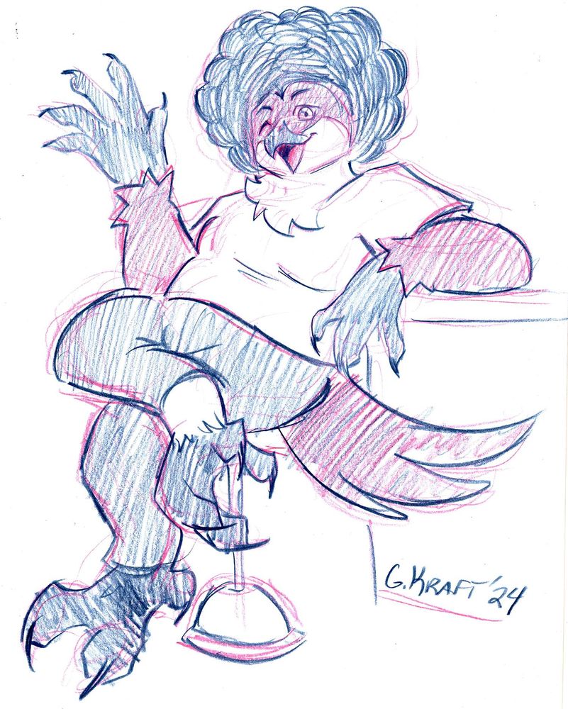 a colored pencil sketch of an owl furry sitting casually on a stool, waving and winking at the viewer.