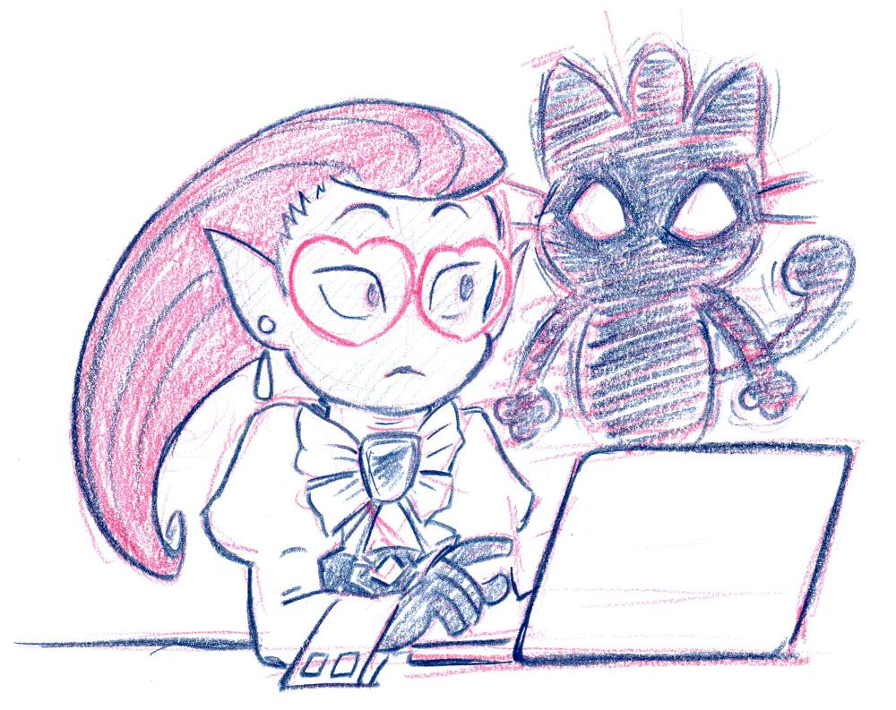 A pencil sketch of Musashi's youtube avatar writing fanfiction on a laptop and surprised at the Meowth tulpa that has materialized next to them