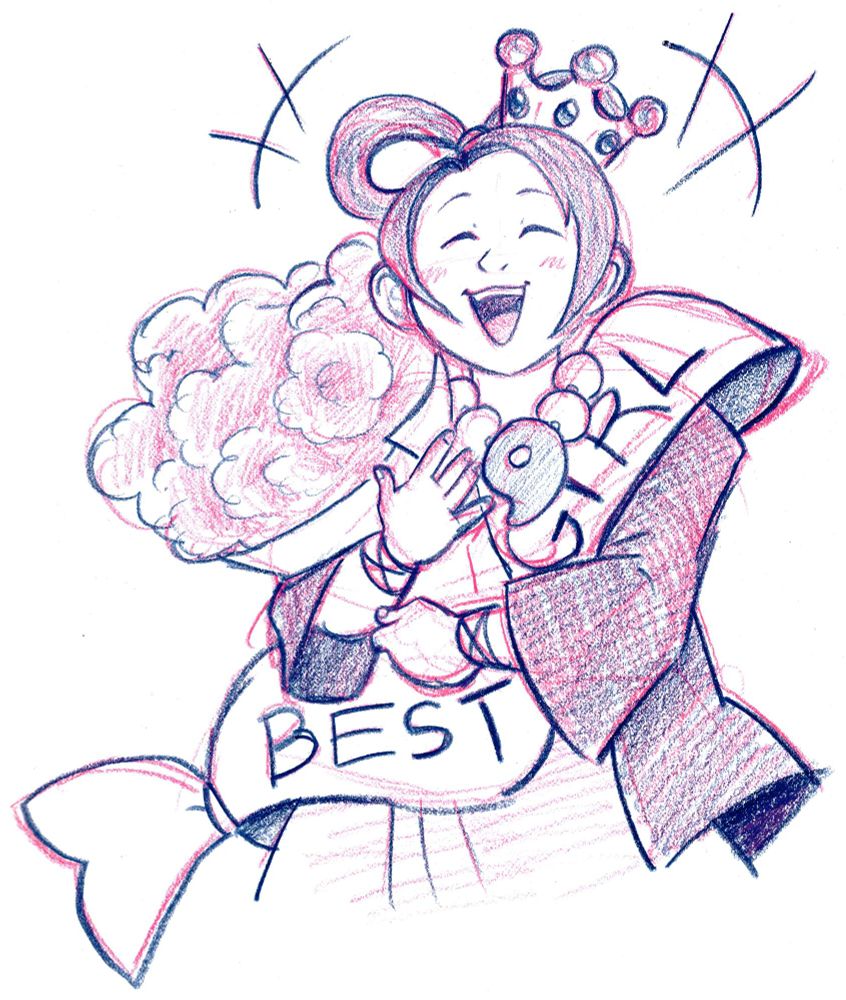 a colored pencil sketch of Pearl Fey smiling with her mouth open while holding flowers and wearing an oversized crown as well as an oversized sash that reads, "Best Girl"