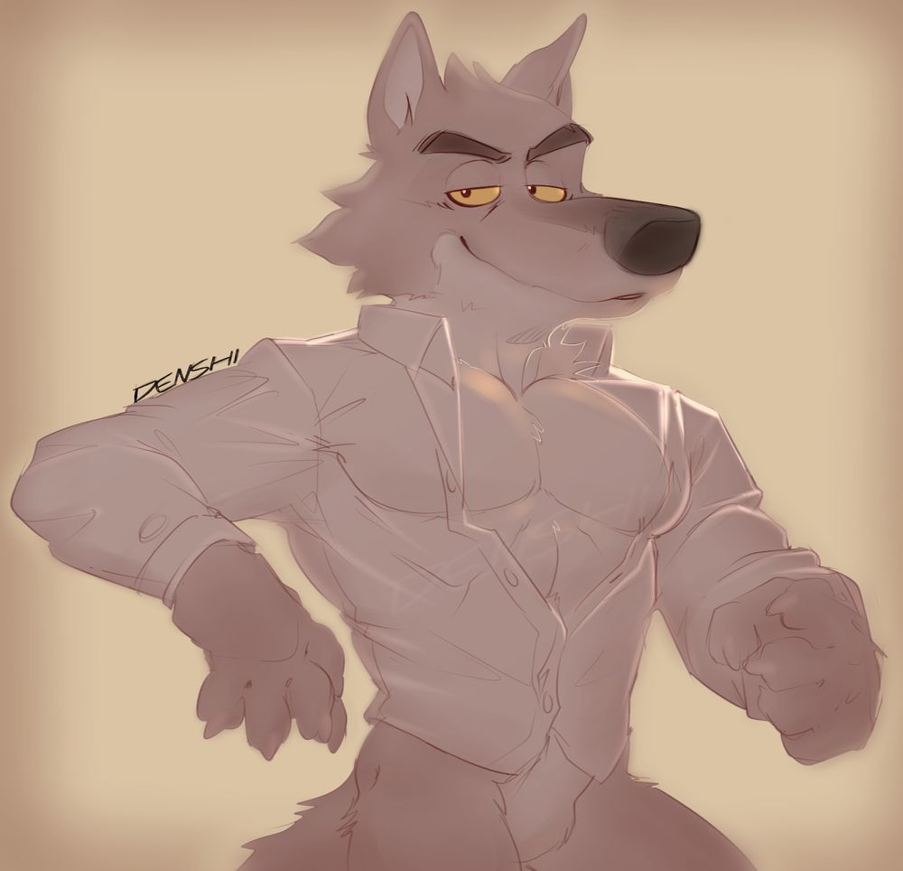Mr. Wolf from The Bad Guys wearing a slightly unbuttoned shirt..