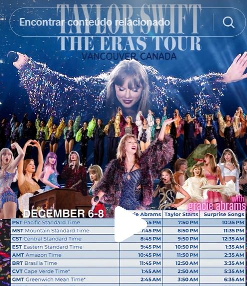 screenshot of eras tour timezones. GMT timezone says taylor starts at 6:35am