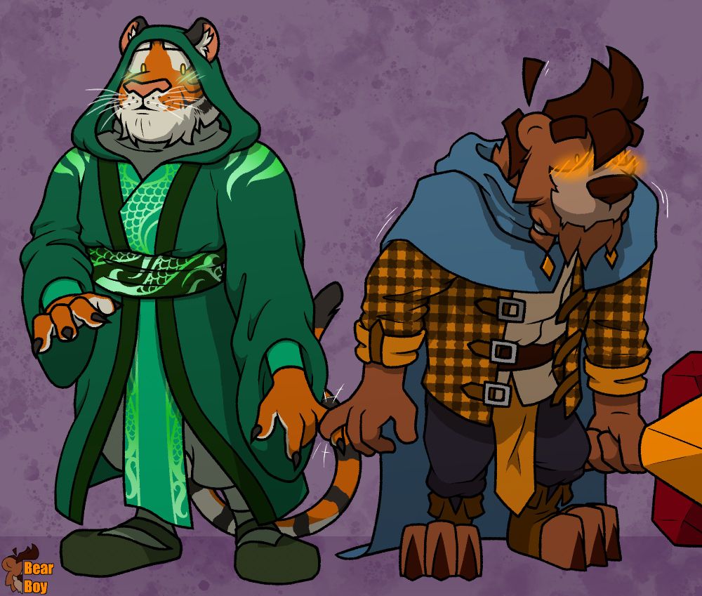 a bear wearing a blue cape and orange flannel jacket is gently shaking and blushing profusely as he holds the pinky finger of a tiger in a green robe, who is also blushing but not as much as the bear. 