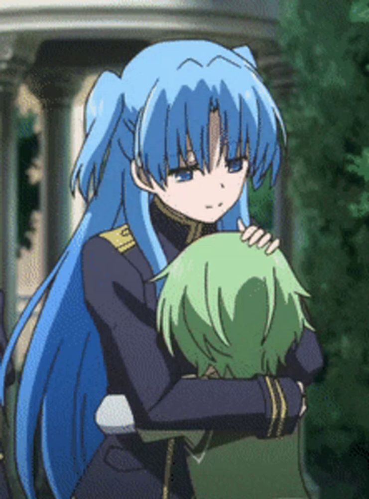 a girl with blue hair is hugging a green boy