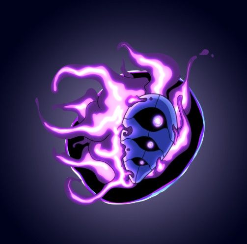 A silver-blue floating alien head with three eyes arranged vertically and glowing purple pupils, engulfed by purple flames, hovering in front of a dark surreal bubble.