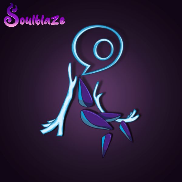 A futuristic creature with the gamescom logo as a head. Head and limbs are floating unconnected. It has a drop-shaped torso and thighs, triangle-shaped lower legs, all purple and blue. Two arms are made from glowing blue energy and extending to the side. It is floating with the legs pulled up a little and at a slight angle.