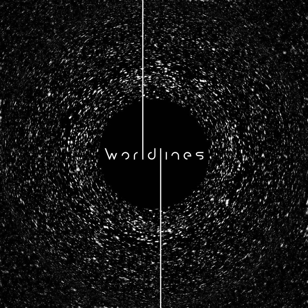 Black and white image of space, stars distorting around a black sphere. The word "Worldlines" is writting in the center of the black sphere and the letters L are extending straight up and down respectively.