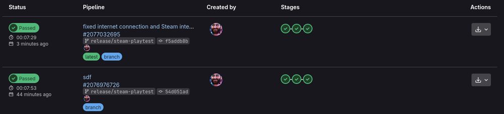 screenshot of two GitLab pipelines with three jobs each, all succeeded with a green checkmark