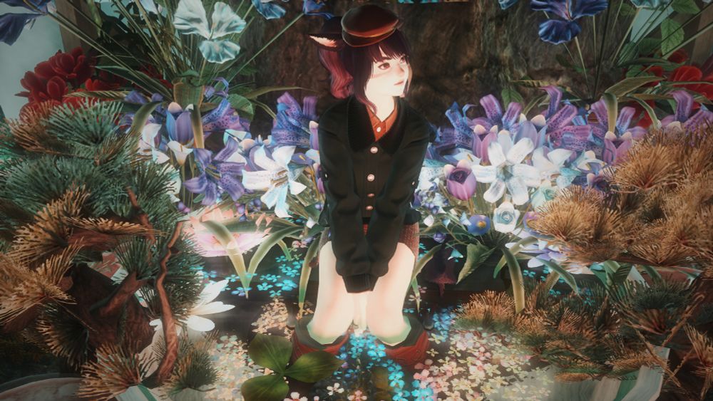 A gpose photo of a small house in FFXIV. The camera looks at a miqo'te in an autumnal outfit. She is sitting in a flowery bed in front of a small waterfall.