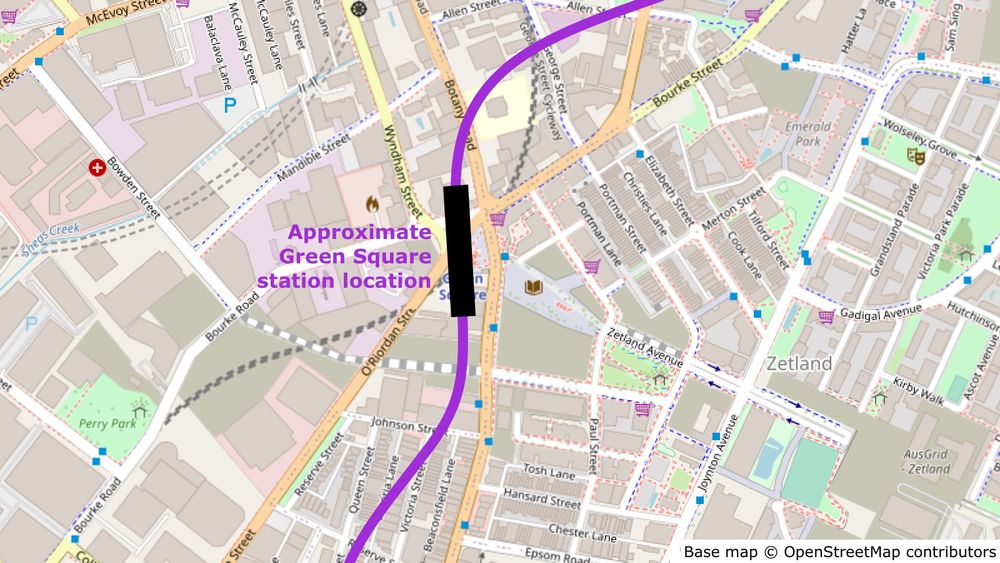 Map showing the approximate location of the Green Square station, underneath the existing Green Square station, between O'Riordan Street and Botany Road, and crossing Bourke Road.
