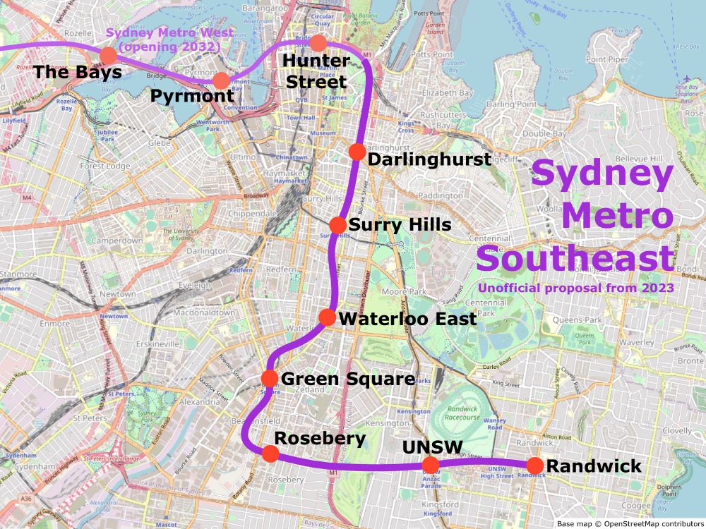 Map of my unofficial proposal for the Sydney Metro Southeast extension. After the under-construction Sydney Metro West stations of The Bays, Pyrmont, and Hunter Street, it would stop at Darlinghurst, Surry Hills, Waterloo East, Green Square, Rosebery, UNSW, and Randwick.
