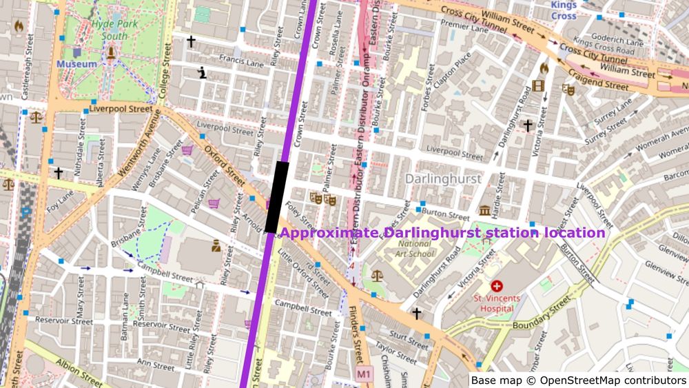 Map showing the approximate location of the Darlinghurst station, on the western side of the intersection between Crown Street and Oxford Street.