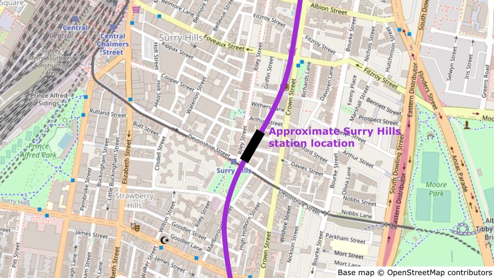 Map showing the approximate location of the Surry Hills station, on the north side of the light rail stop and east of Riley Street.