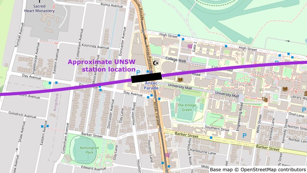 Map showing the approximate location of the UNSW station, underneath the UNSW Anzac Parade light rail stop, perpendicular to Anzac Parade.