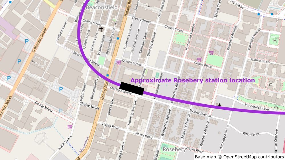 Map showing the approximate location of the Rosebery station, on the north side of Morley Avenue, crossing Dunning Avenue.