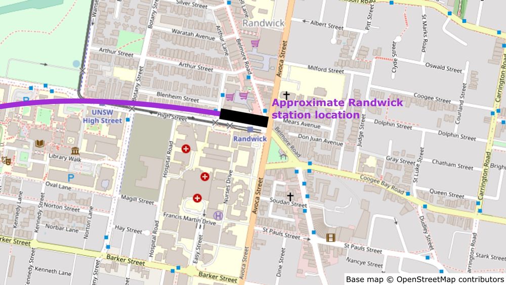Map showing the approximate location of the Randwick station, on the north side of High Street west of Avoca Street.