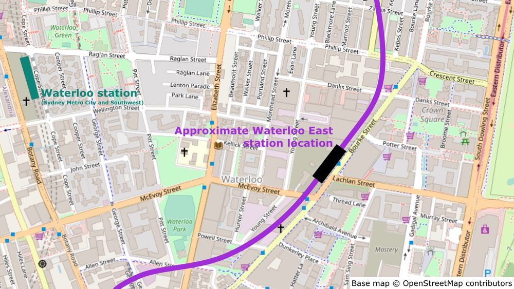 Map showing the approximate location of the Waterloo East station, on the west side of Bourke Street opposite the intersection with Lachlan Street. The location of Waterloo station on the Sydney Metro City and Southwest line is also shown.