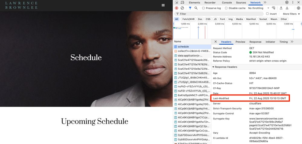Google Developer Tools on lawrencebrownlee.com/schedule showing that the last time the page was modified was Fri, 22 Aug 2025 13:10:13 GMT. 