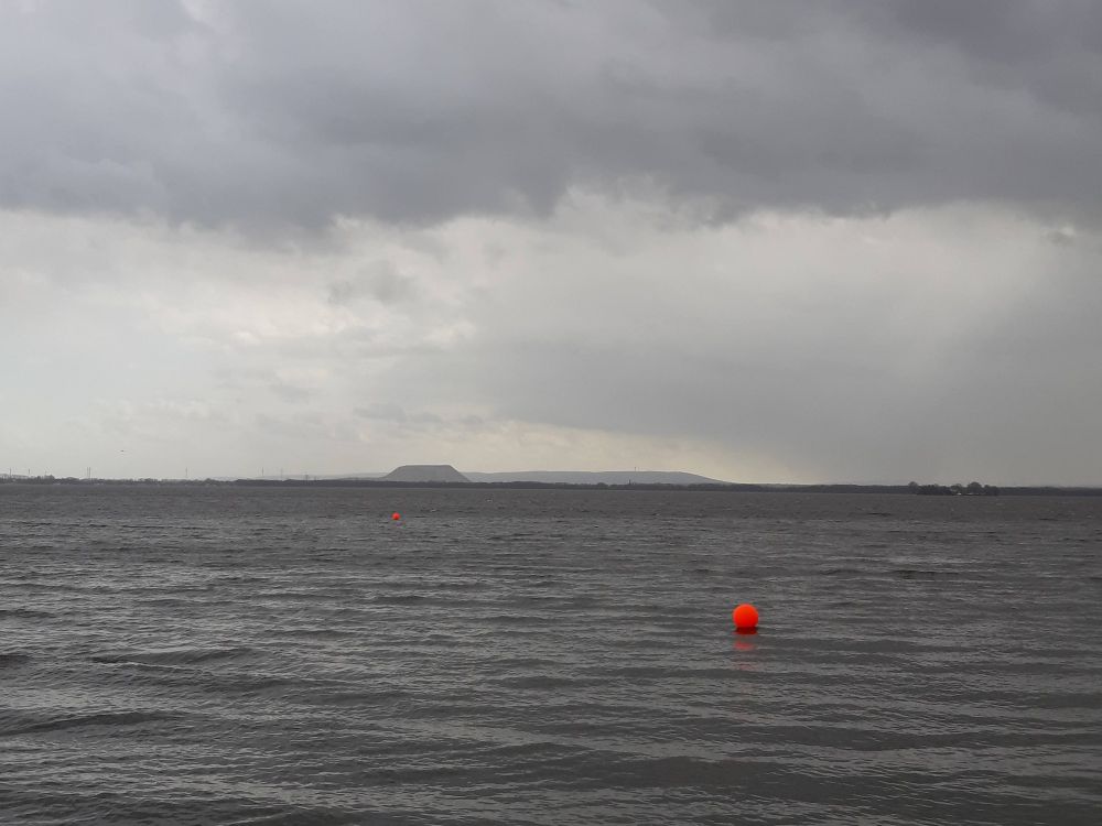 Die untere Hälfte des Bildes wird von leicht welligem  Wasser eingenommen. Der Himmel ist in verschiedenen Nuancen dunkelwolkig, dadurch wirkt auch das Wasser dunkelgrau. Es sieht regnerisch aus. Am Horizont, am gegenüberliegenden Ufer, ragt in der Ferne eine graue Abraumhalde auf. 
In großem Abstand liegen zwei knallrote runde Bojen im Wasser. Die zweite ist in der Ferne nur als kleiner Punkt zu sehen.