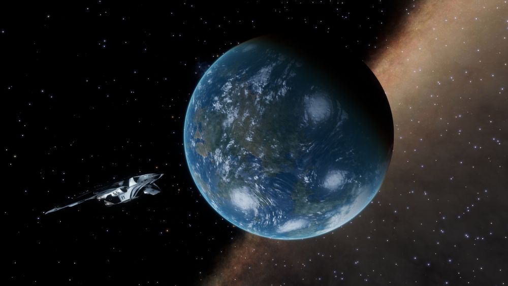 An Earth-like planet in front of a starry sky and of the Milky Way.