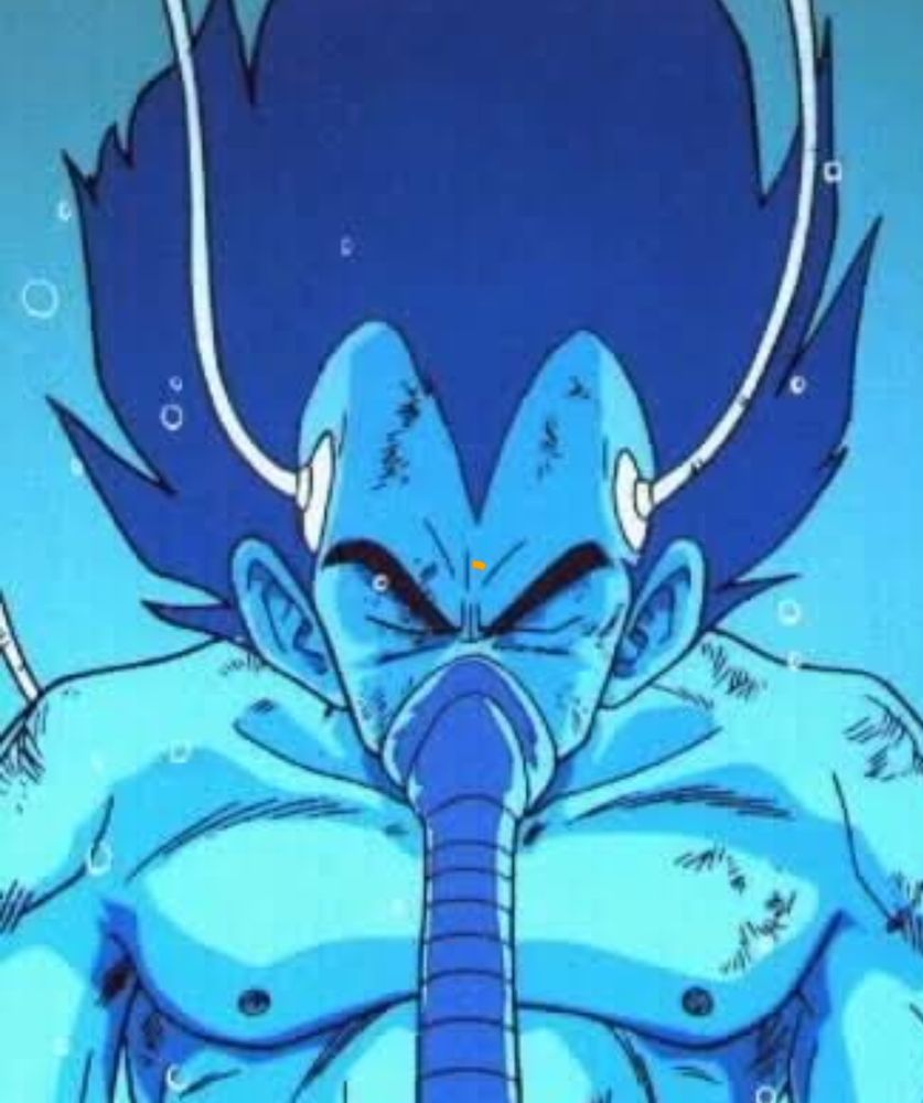 Image de Végéta dans Dragon Ball Z qui se régénère après un combat. Il porte un masque et des électrodes sont posées sur ses tempes, il est plongé dans un liquide bleuâtre.