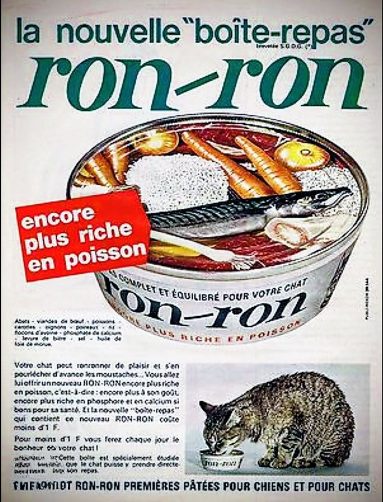 Vieille publicité pour les boîtes de pâté pour chiens et chats Ron-ron