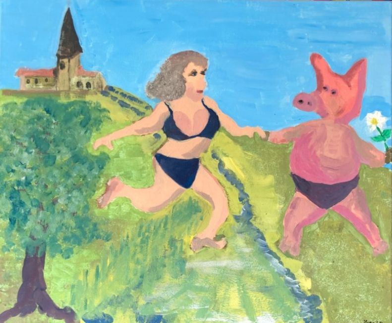 Peinture inspirée par le film Le père noël est une ordure avec une femme en maillot qui coûte dans les champs accompagnée par un cochon en slip, il y a un arbre au premier plan et une église en arrière plan 