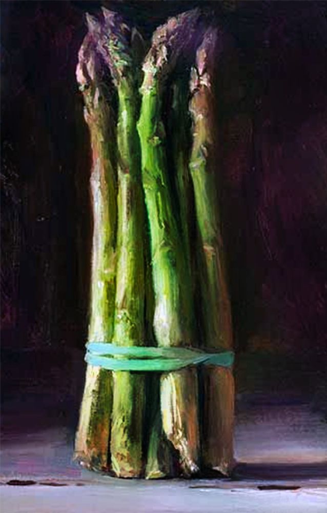 painting of asparagus stalks. green [of course] with purple tips. green rubber band holding them together. on a white cutting board against a dark background.