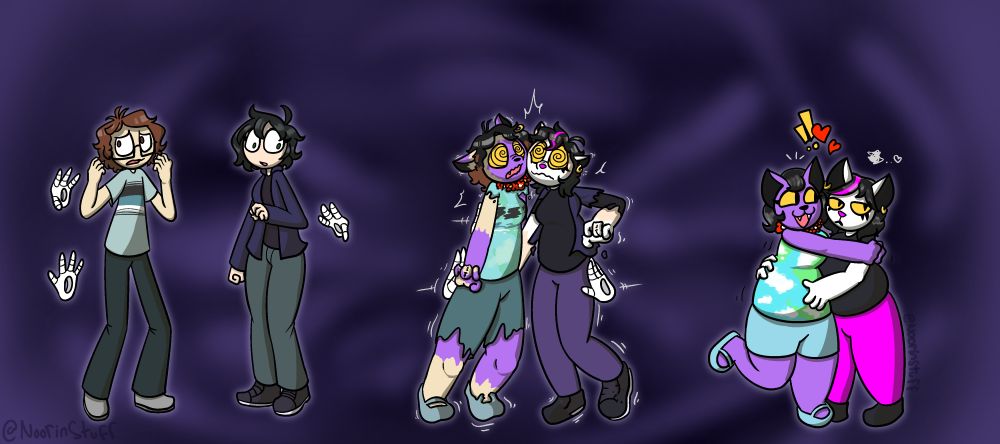 A human male and a human female transforming into Catty and Catti from the game Deltarune