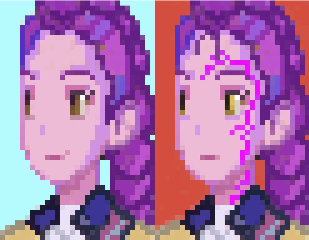 A pixel portrait of Rumi from K Pop Demon Hunters. Two portraits, she has purple hair and a yellow jacket. In the portrait on the right, her demon marks trail up her neck and onto her face.