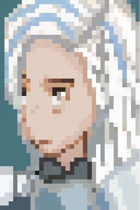A white haired paladin with white eyes and a breastplate.
