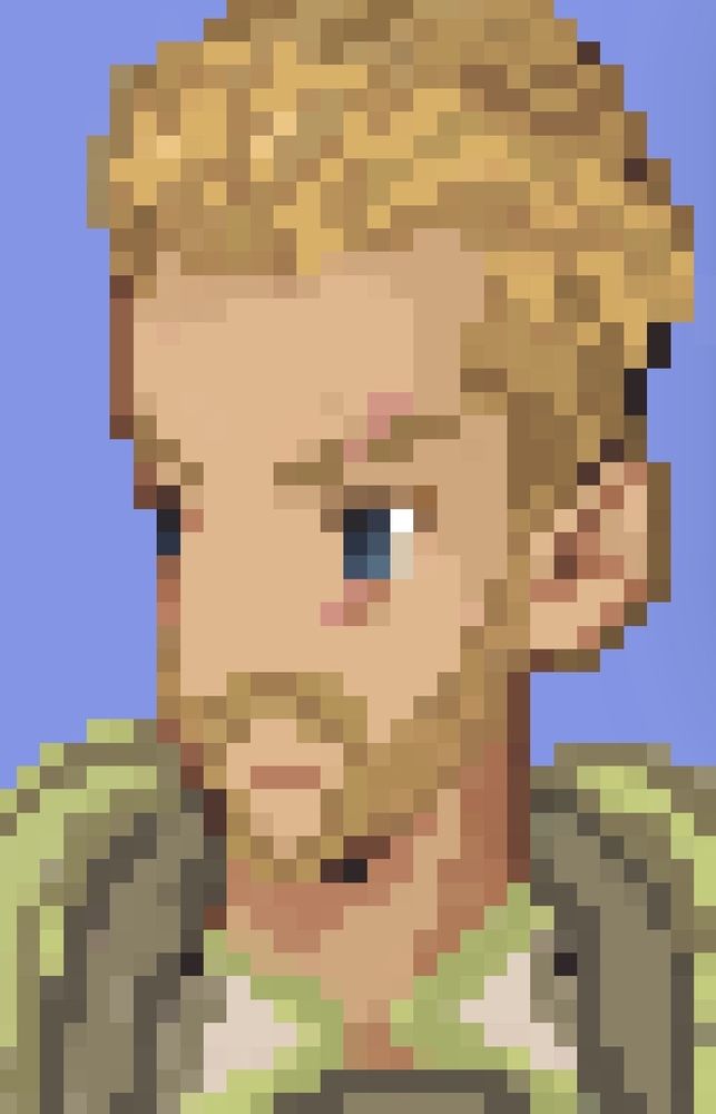 A pixelated blonde haired fighter, with a scar over one of his blue eyes. 