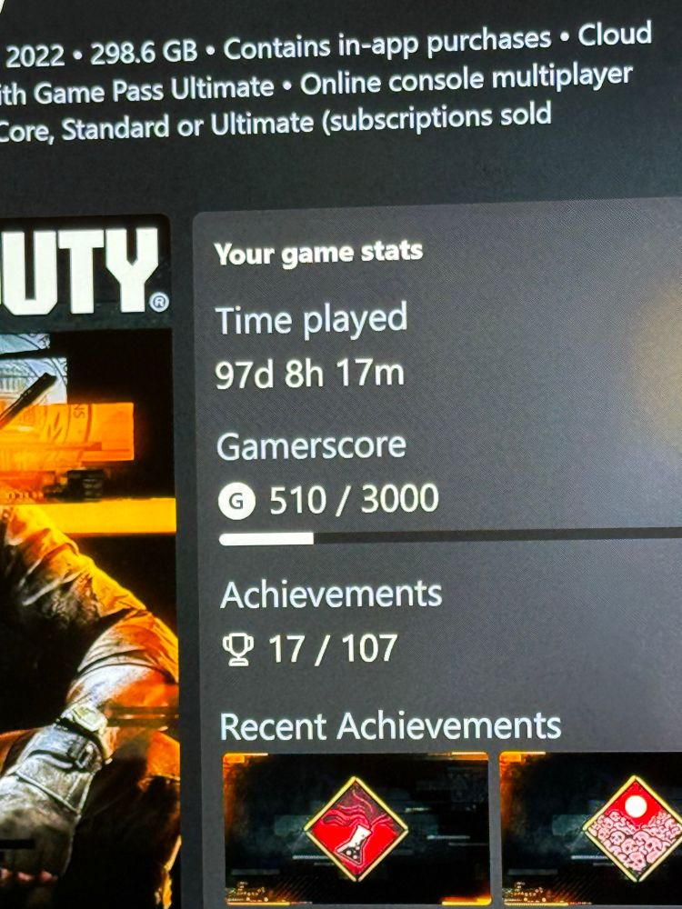 Photo of the Call of Duty xbox launch screen showing game stats with 97 days 8 hours and 17 minutes of play time
