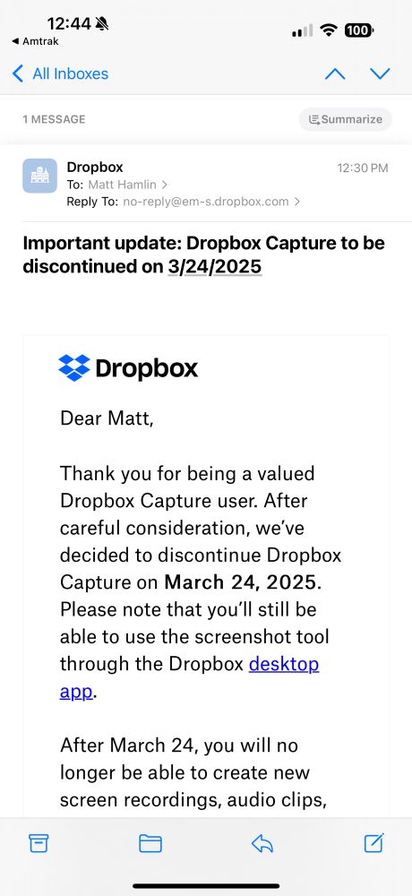 Screenshot of an email from Dropbox announcing that Dropbox Capture will be discontinued on March 24th 2025
