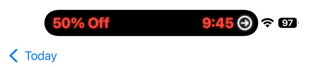 Screenshot of an iPhone activity from the dynamic island showing an activity with one side saying “50% off” and the other side showing a countdown timer at 9 minutes and 45 seconds remaining, the text is in a bright bold red color