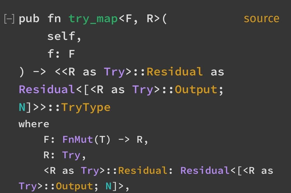 pub fn try_map<F, R> (
self,
f: F
) → <R as Try>: :Residual as Residual<[<R as Try>:: Output;
N]>>:: TryType
where
source
F: FnMut (T) →> R,
R: Try,
Try>: : Output; N]>,
<R as Try>:: Residual: Residual< [<R as