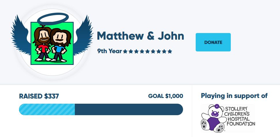 Screenshot of Matthew & John's extra life page. Showing a current raised total of $337 with their goal of $1,000. They're playing in support of the Edmonton Stollery Children's Hospital