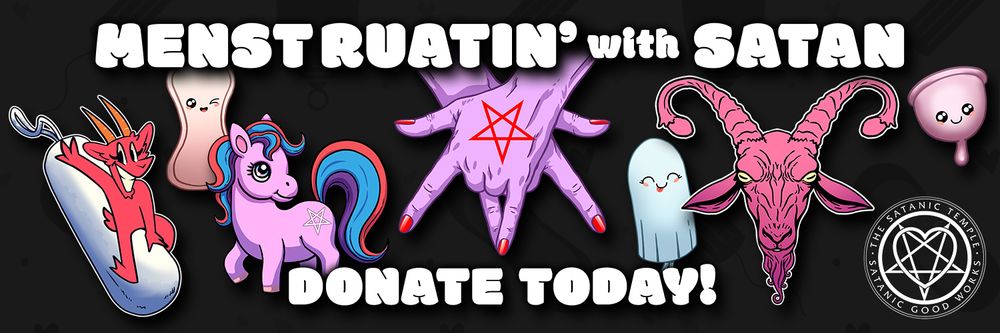A variety of cute images shows menstrual products and Satanic symbols illustrating TST WA's "Menstruatin' with Satan" donation drive.